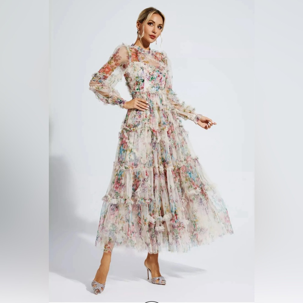 Saige Apricot Floral Long Sleeve Maxi Dress